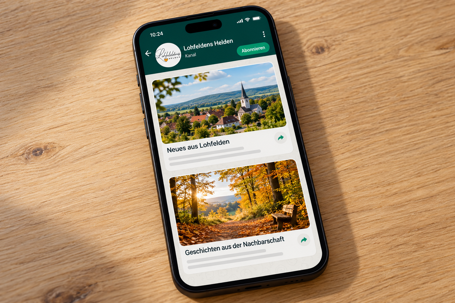 Handy auf einem Holztisch mit einer Beispielansicht des WhatsApp-Kanals Lohfeldens Helden